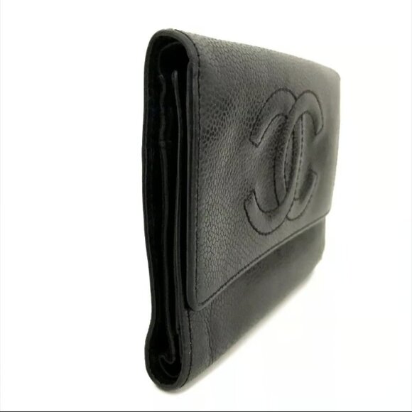 AUTHENTIC CHANEL BLACK CC LOGO GRAINED CALF SKIN TRIFOLD WALLET - Picture 3 of 8